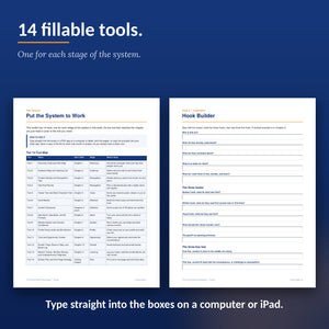 Pages from the 14 fillable social media tools, including the tool map and the Hook Builder.
