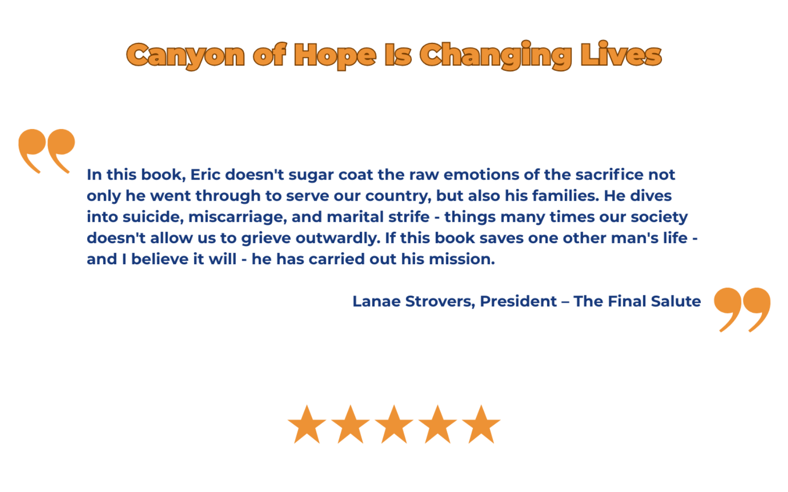 Quote from Lanae Strovers about a book titled 'Canyon of Hope is Changing Lives' on a white background with five-star rating.