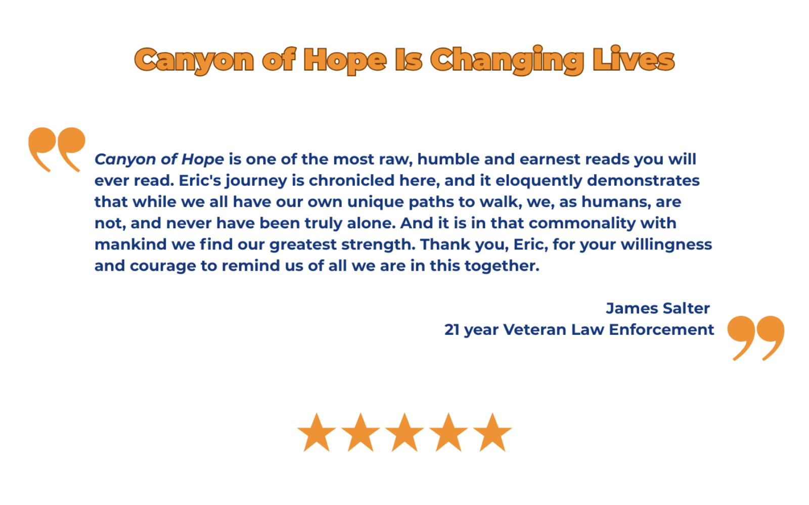 Review of 'Canyon of Hope' with a five-star rating and a quote from James Saiter, 21-year veteran law enforcement.