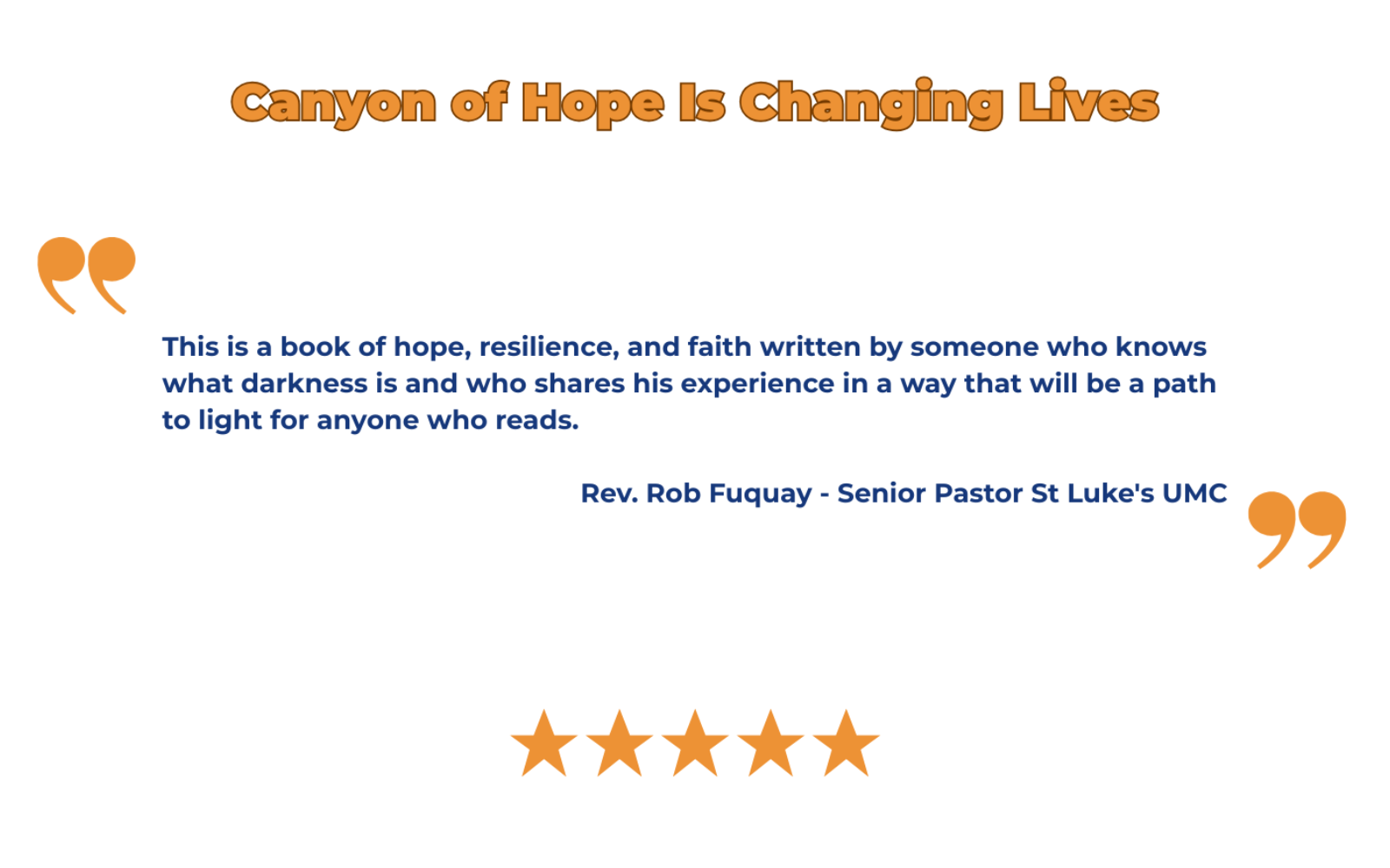 Promotional text for 'Canyon of Hope' with a quote from Rev. Rob Fuquay on a white background.