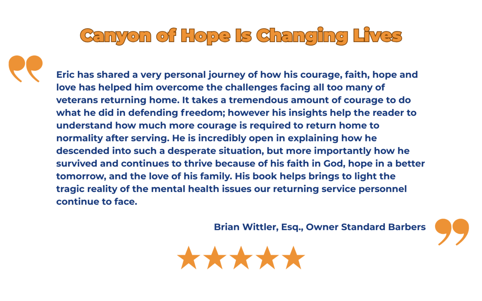 Text review of a book titled 'Canyon of Hope' by Eric, with a quote from Brian Wittler, Esq., on a white background.