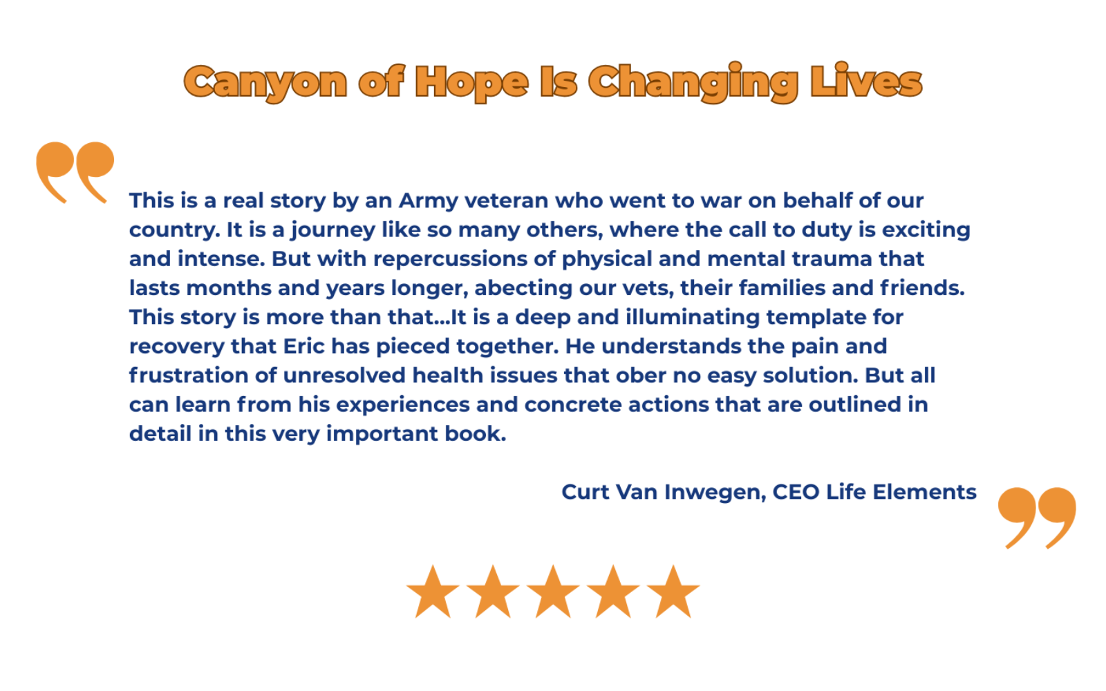 Text about 'Canyon of Hope' book with a quote from Curt Van Inwegen, CEO Life Elements, on a white background.