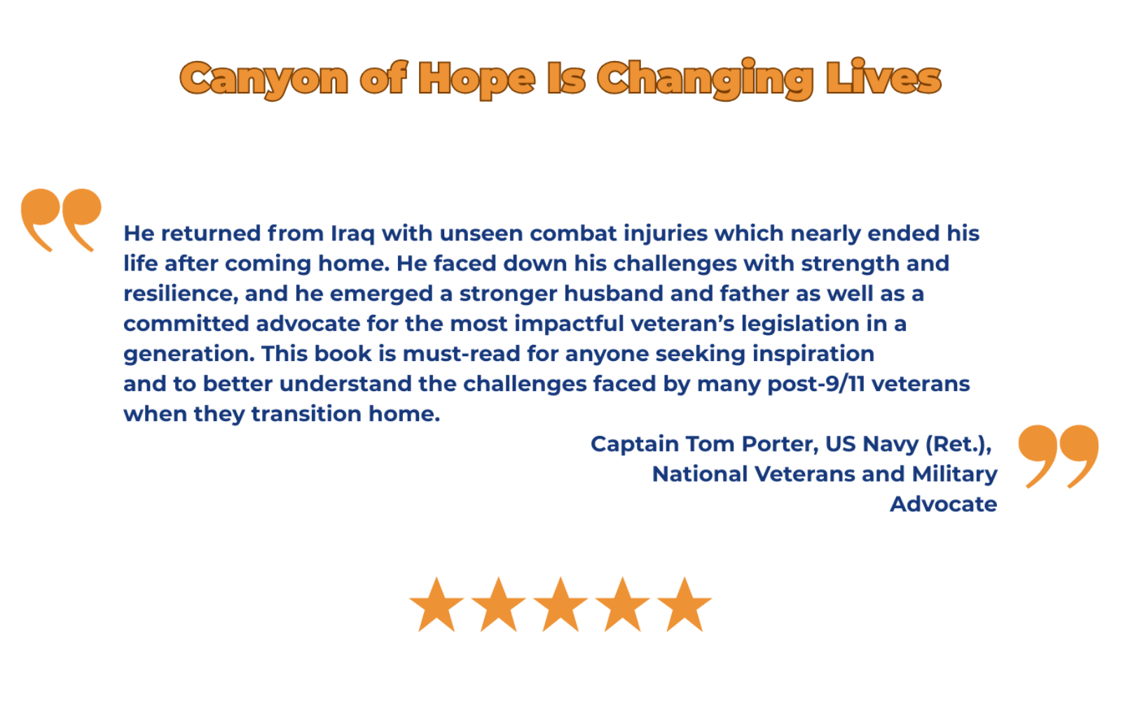 Text about 'Canyon of Hope' book with a quote and star rating on a white background