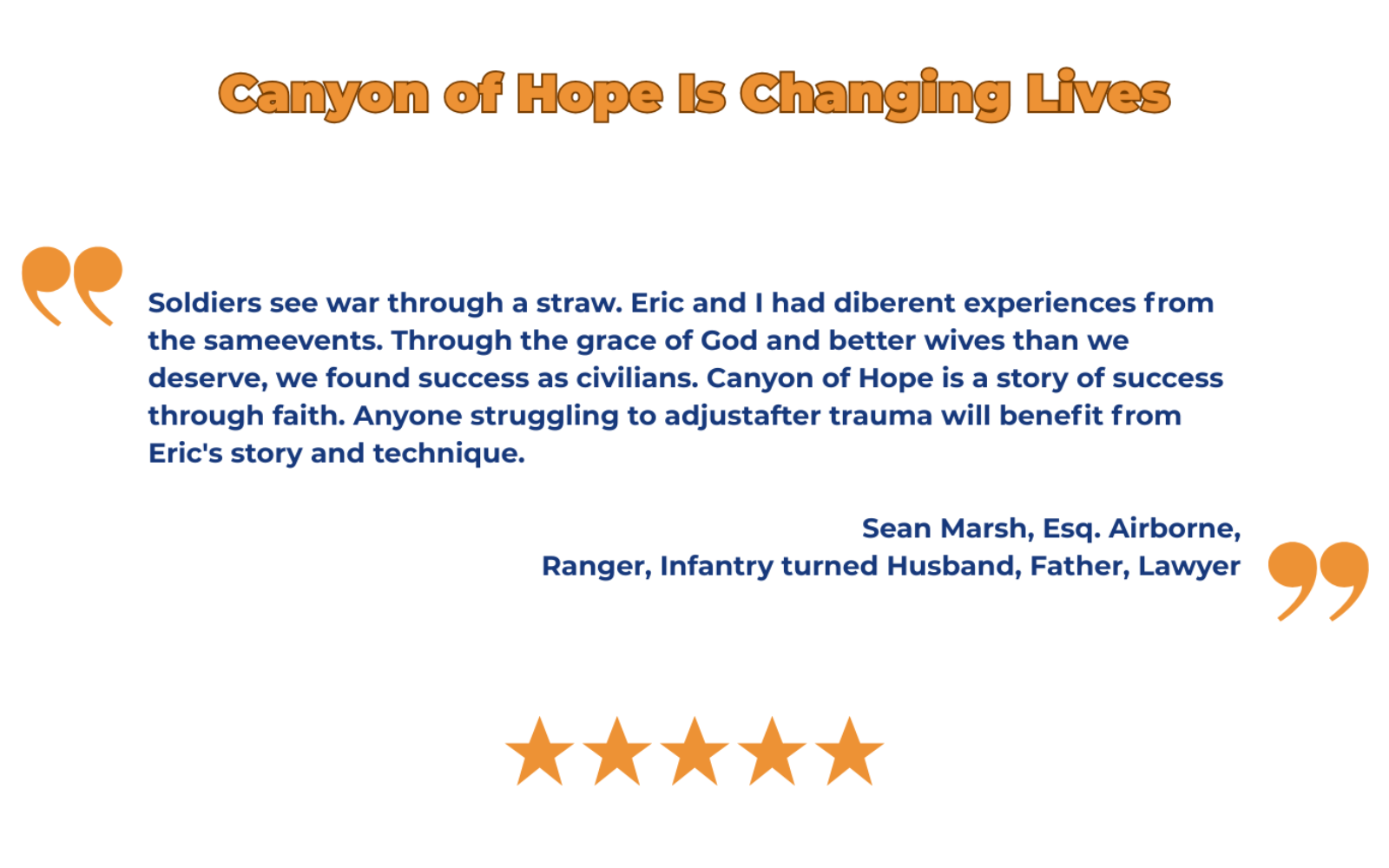 Text about 'Canyon of Hope' with a quote and five-star rating on a white background