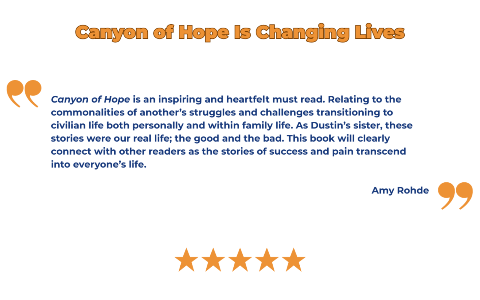 Text about 'Canyon of Hope' book with a five-star rating on a white background