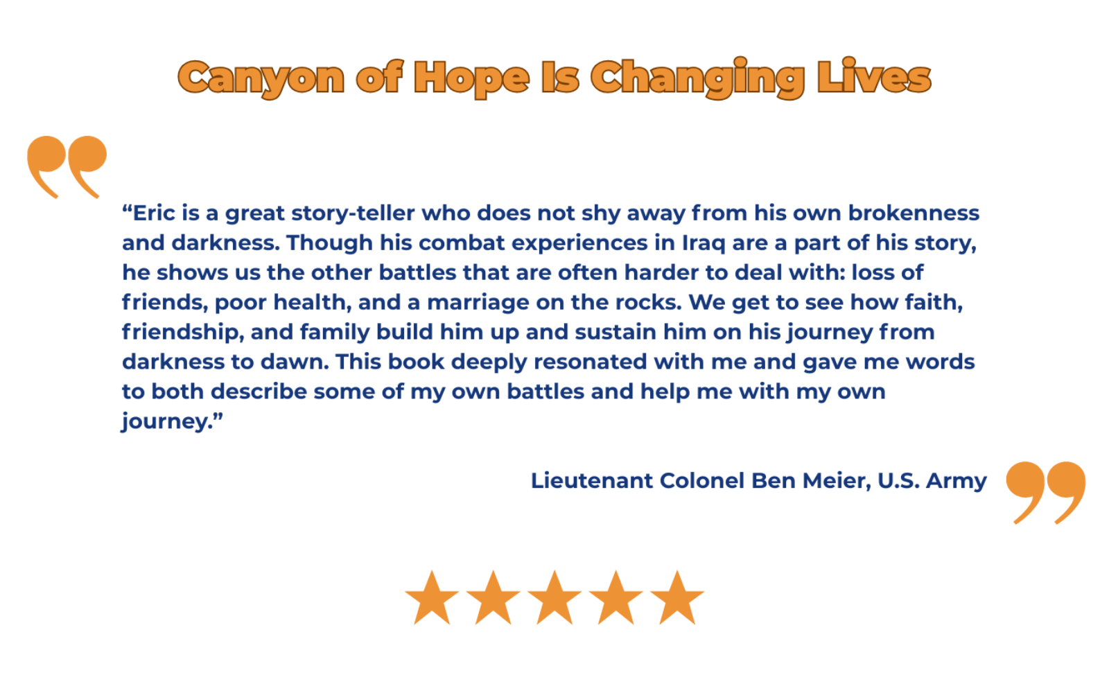 Text praising 'Canyon of Hope' book with a quote from a U.S. Army Lieutenant Colonel, featuring five-star rating.