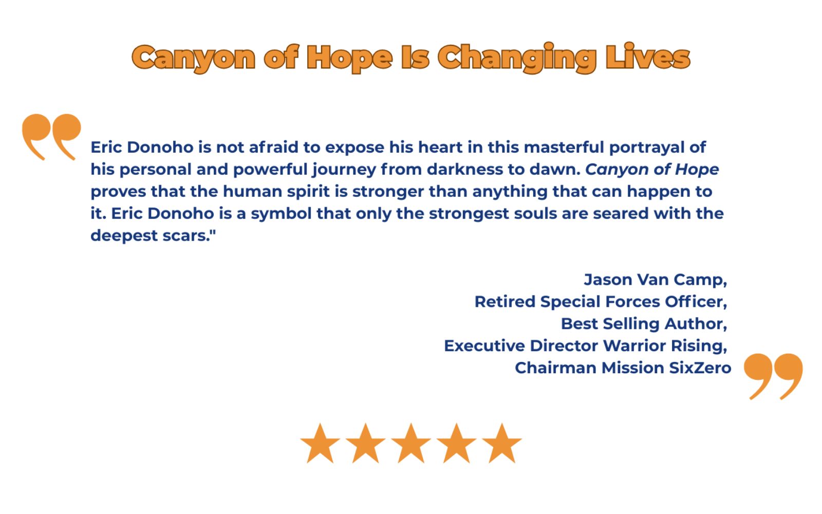 Text praising Eric Donoho's work with Canyon of Hope, featuring a five-star rating.