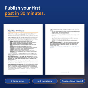 Pages from the 30-minute walk-through: six timed steps to publish your first post with just your phone.